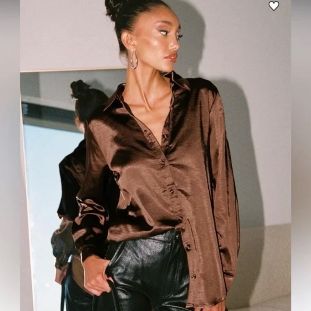 Princess Polly Satin Button-Down Blouse in Chocolate Brown